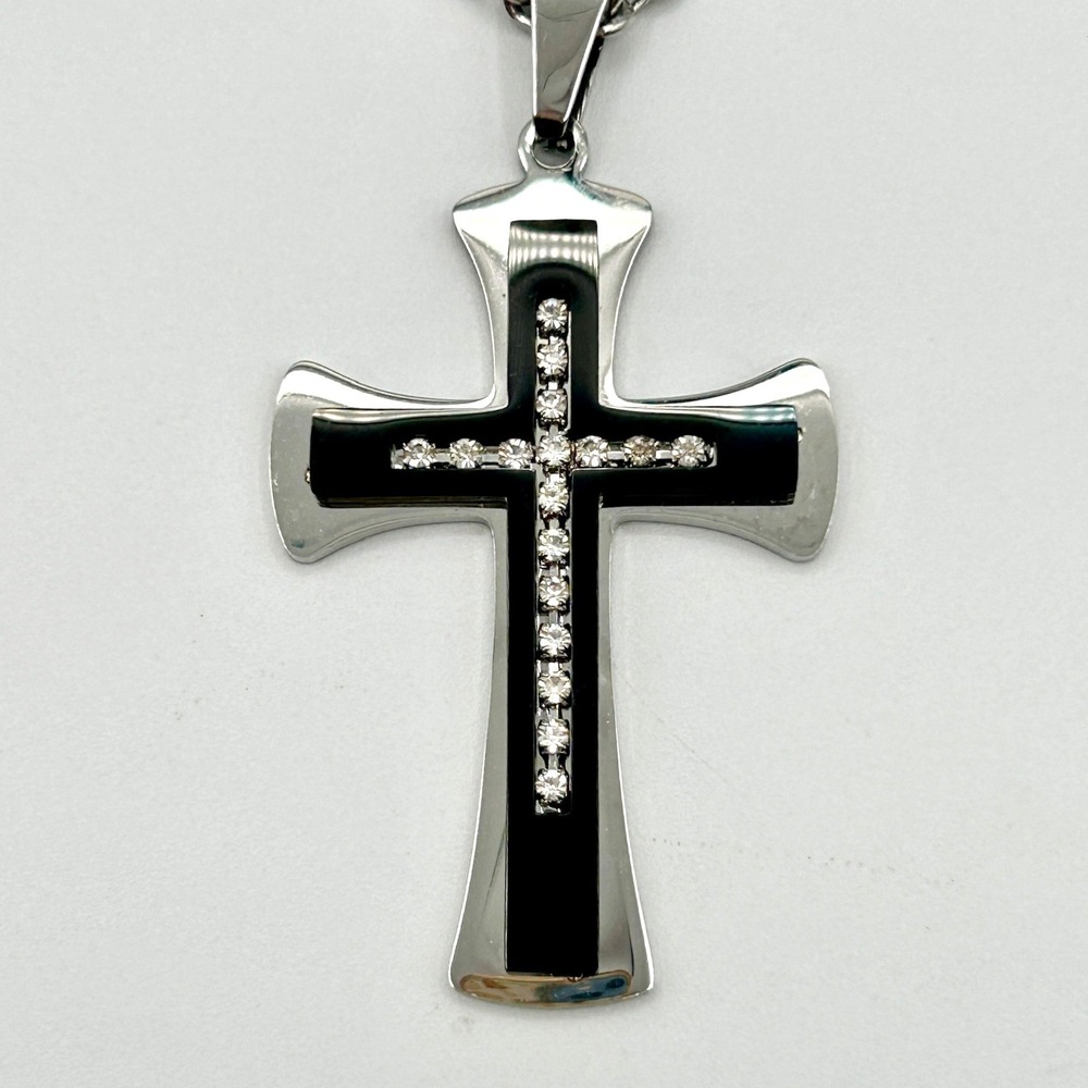 Gothic Stainless Steel Cross Pendant Black Enamel Rhinestone Necklace 24 Inch